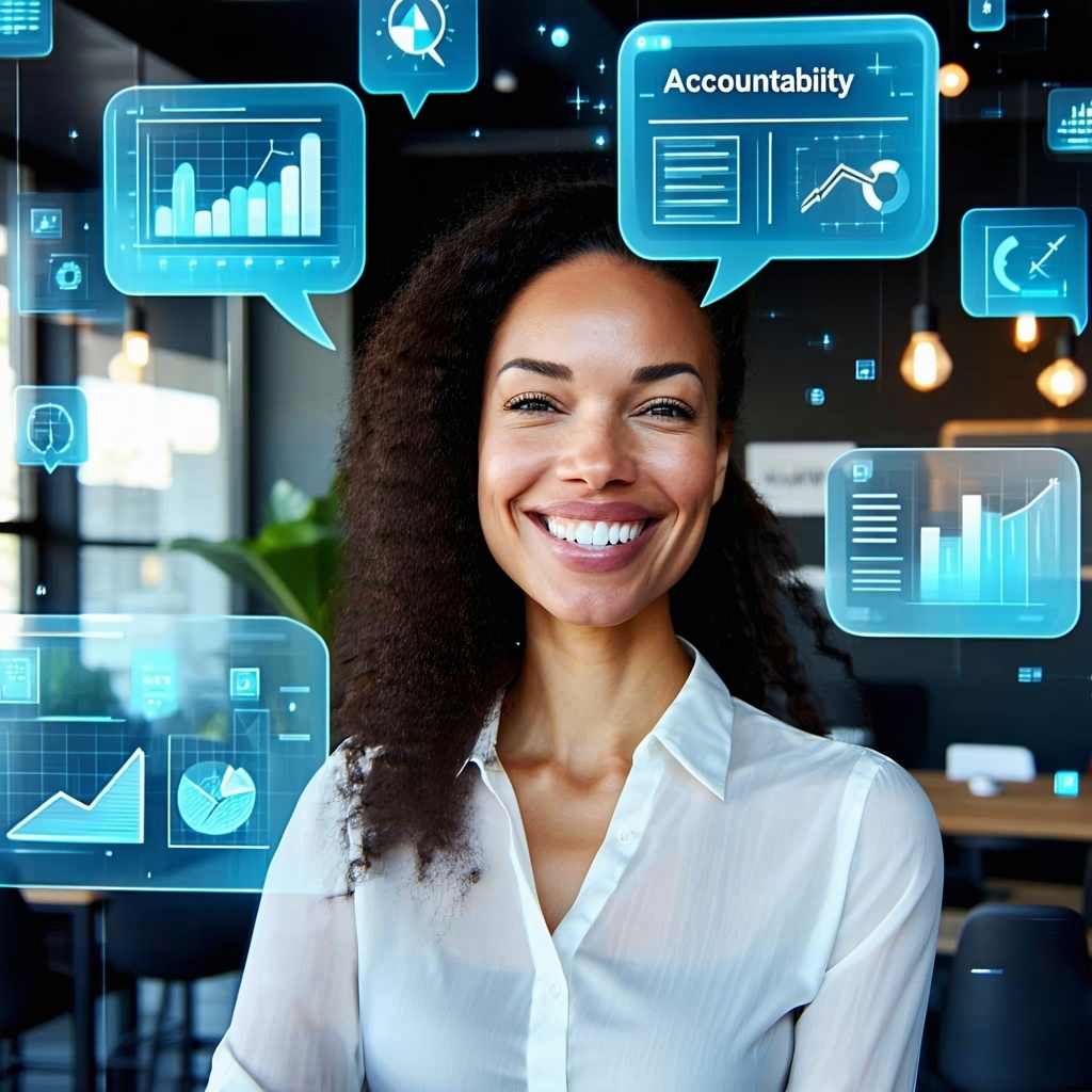 A happy professional woman in a modern office setting smiling confidently She is surrounded by semitransparent digital chat bubbles floating in the air each displaying mentorshiprelated analytics metrics and progress charts The visual theme subtly hi