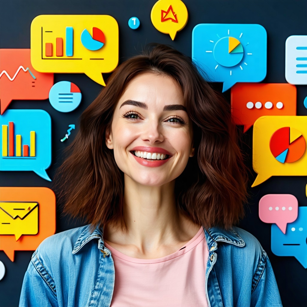 Design a cheerful woman with a bright smile embodying positivity and confidence Surround her with colorful chat bubbles that contain various analytics symbols such as bar graphs pie charts and data points to emphasize her engagement with datadriven i-1