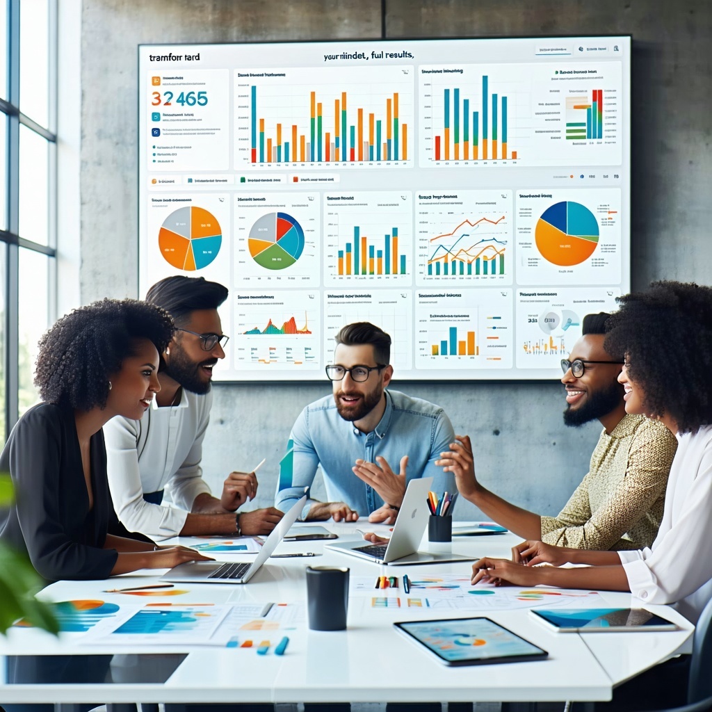 The image features a modern sleek digital interface displaying a dashboard filled with colorful graphs and metrics symbolizing datadriven insights In the foreground a diverse group of professionalstwo women and three menare engaged in a discussion ex-1